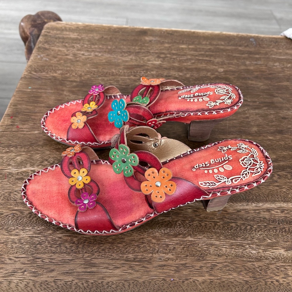 Spring Step Vibration-R Red Floral Leather Sandals Boho Comfort Shoes Wedge